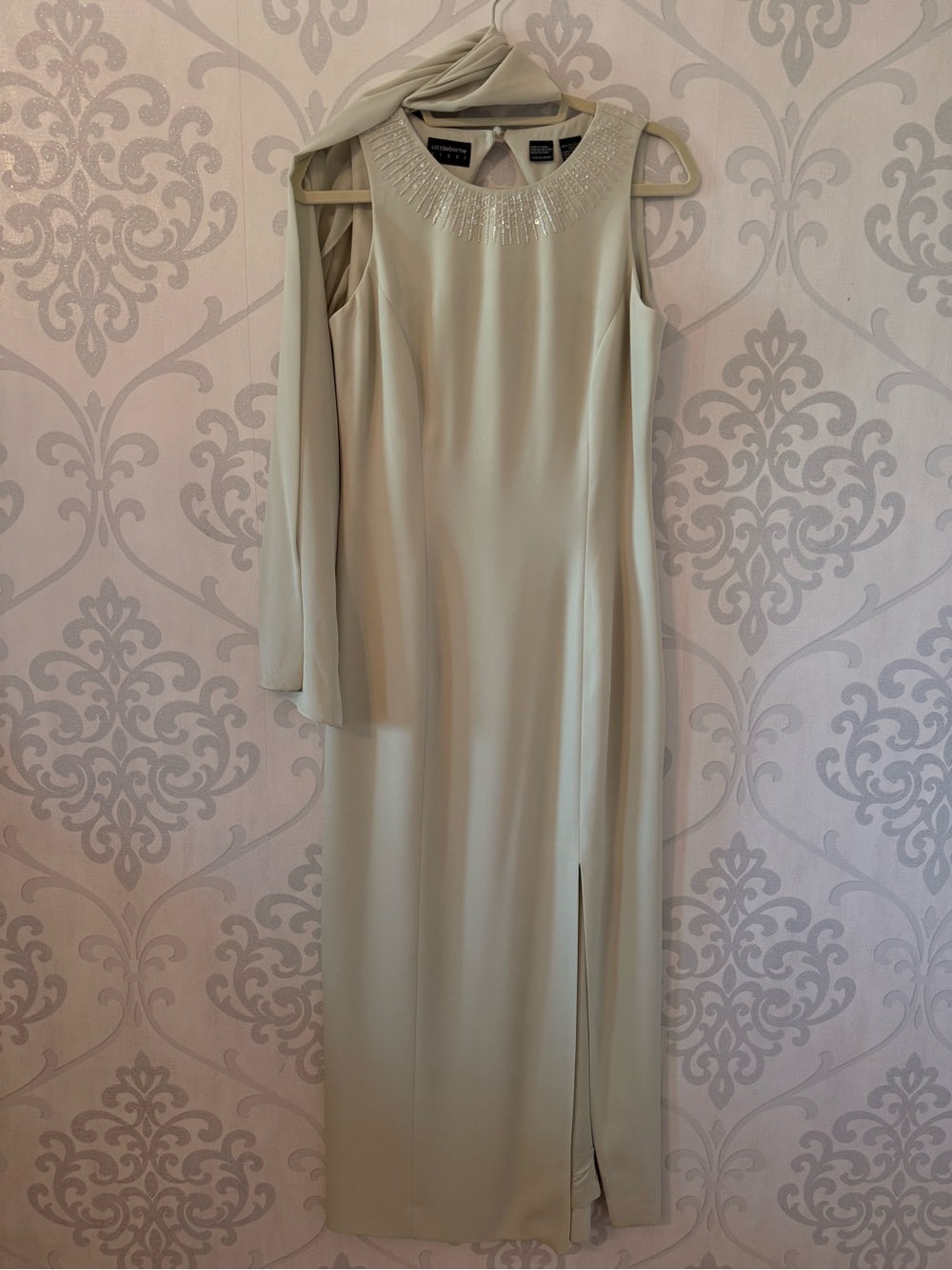 Vintage 90s Embroidered Neck Sleeveless Maxi Dress with Neck Scarf in Light Sage